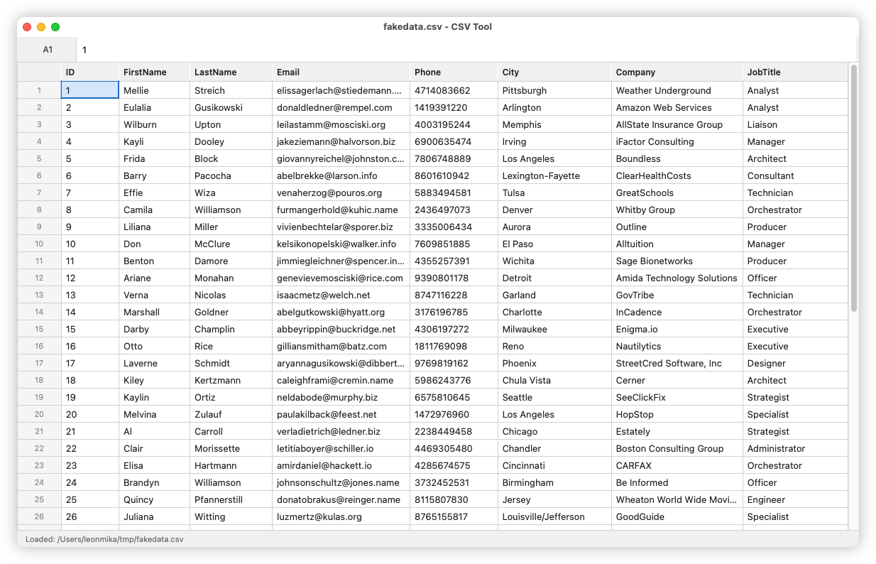 Screenshot of CSVTool, showing a window with a spreadsheet like table