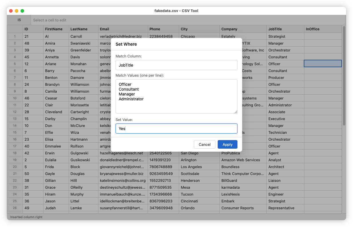 Screenshot of the Set Where modal of CSVTools