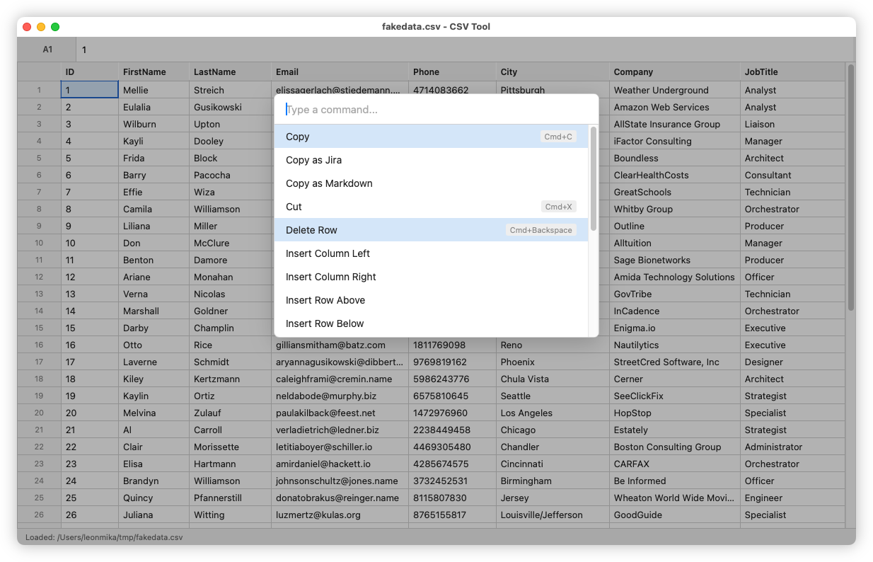 Screenshot of the command palette of CSVTool, showing a bunch of copy options